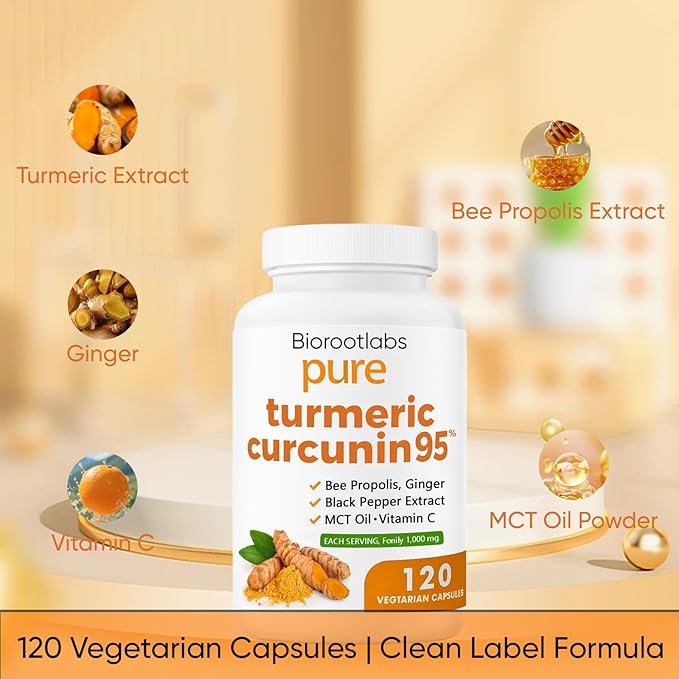 Biorootlabs Turmeric Curcumin Supplement 1000mg – 95% Curcuminoids with Ginger Bee Propolis Black Pepper MCT Oil – High Absorption Formula for Wellness &amp Immune Support – 120 Capsules(1)