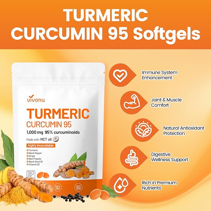 10-in-1 Turmeric Supplement Softgels 95% Curcumin for 1000mg Made Mct Oil 60-Day Supply with Black Pepper Ginger Propolis Powder Black Seed Oil Saw Palmetto Oil Zinc Vitamin D3 E More 2 Bag