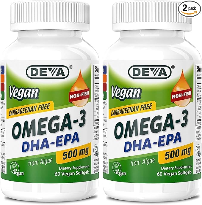 DEVA Vegan Omega-3 DHA-EPA 500MG 2-Pack – No Carrageenan Non-Fish Oil Derived from Algae Non-GMO 60 Gelatin-Free Softgels Ea