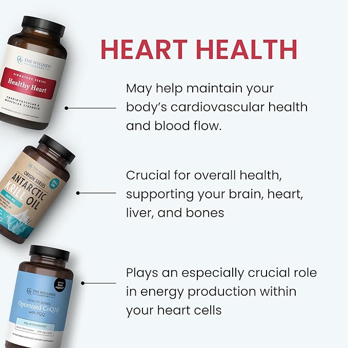 The Wellness Company Healthy Heart - Cardiovascular Strength Blood Flow Nitric Oxide Production &amp Healthy Cholesterol Levels | 60ct (1 Month Supply)