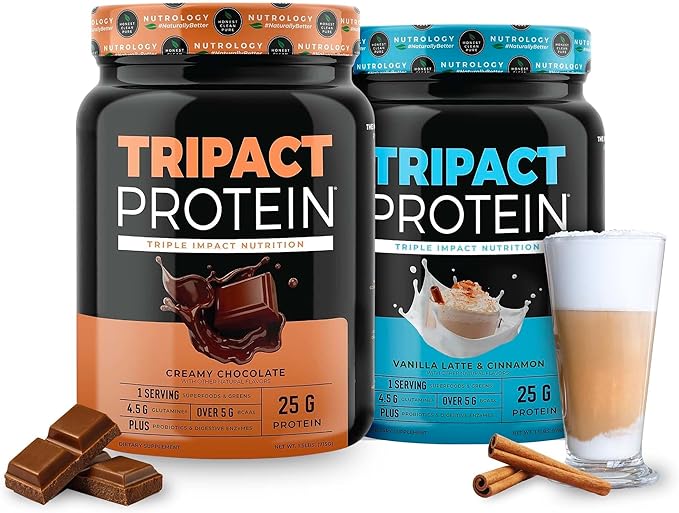 Nutrology TRIPACT Protein - Premium Nutrition Shake - Non-GMO Grass Fed Whey ProteinPlant ProteinsGreensSuperfoods &amp Probiotics - 5g BCAAs - Creamy Chocolate &amp VanillaLatte w/Cinnamon 1.5lb