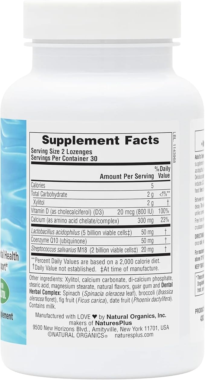 NaturesPlus Adult’s Dental Care Probiotic - 60 Lozenges - Supplement for Teeth &amp Gum Health - Peppermint Flavor - 30 Servings