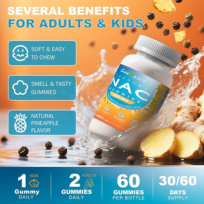 Niacinamide 500mg &amp Liposomal NAC Gummies Chewable Vitamin B3 &amp N-Acetyl Cysteine Supplement Antioxidant Immune Support