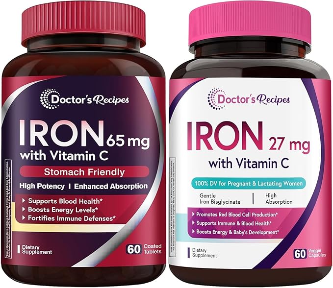 Doctor’s  Recipes  Iron  65 mg  &amp  Prenatal  Iron Bundle  High  Absorption  &amp  Gentle  Iron  Support  for  Healthy  Blood  and  Energy  Iron  Tabs  60 ct  &amp  Vegan  Caps  60 ct