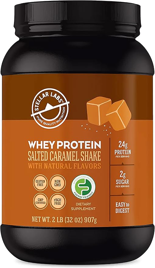 Stellar Labs Whey Protein Powder with BCAA's &amp Whey Isolate | Certified Low FODMAP Non GMO Gluten Free Soy Free Low Carb Keto with Stevia | All Natural Lean Post Workout Shakes | Salted Cara