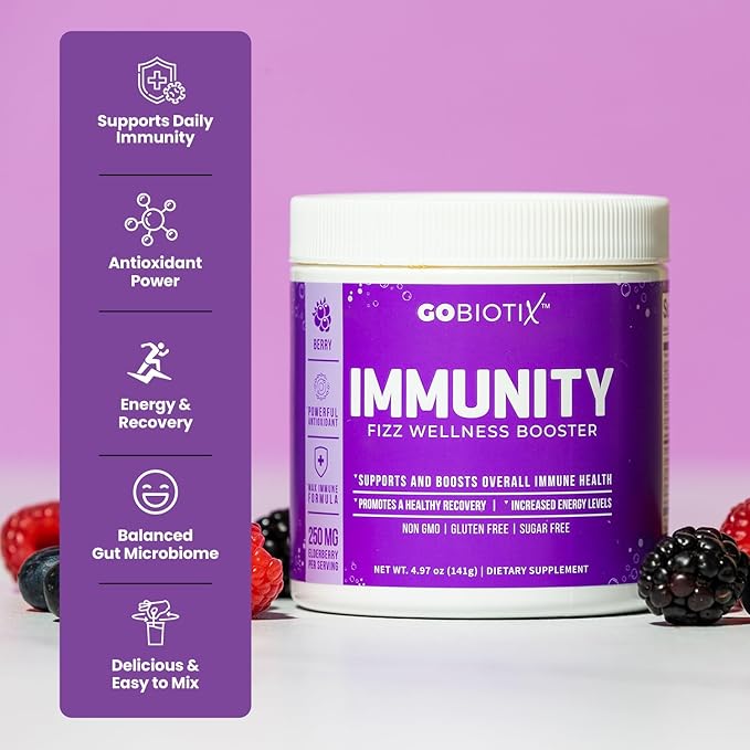 GOBIOTIX Vitamin C - Immune Defense Support Supplement - Immunity Powder Wellness Booster - Vegan Superfood - Elderberry Turmeric B12 Vitamin Supplement Non-GMO and Sugar Free (Berry)