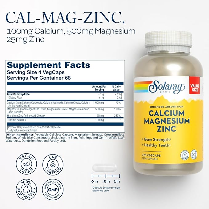SOLARAY Calcium Magnesium Zinc and Timed Release Vitamin C - Bone Health Immune Support Bundle 1000mg Calcium 500mg Magnesium 1000mg Vitamin C Supplement Vegan 60-Day Guarantee 275 VegCaps Each