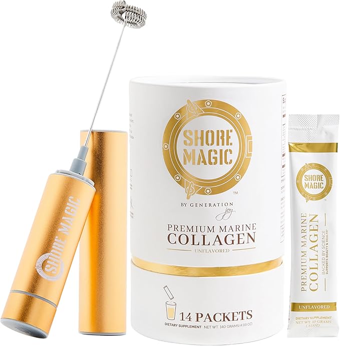 Shore Magic 14-Day Marine Collagen Packets + Premium Milk Frother – Hydrolyzed Types I-IV Unflavored Travel-Friendly Collagen for Skin Hair Nails &amp Joints – Smooth Mix for Coffee Matcha &amp