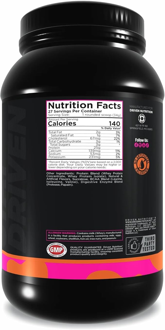 Driven WHEY- Grass Fed Whey Protein Powder: Delicious Clean Protein Shake- Improve Muscle Recovery with 23 Grams of Protein with Added BCAA and Digestive Enzymes (2 lb Cinnamon Roll)