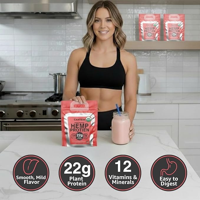 Organic Plant Based Protein Powder - 100% Hemp Protein Vegan Shake Mix - Lactose Dairy &amp Gluten Free Clean Natural Strawberry (20 Servings)