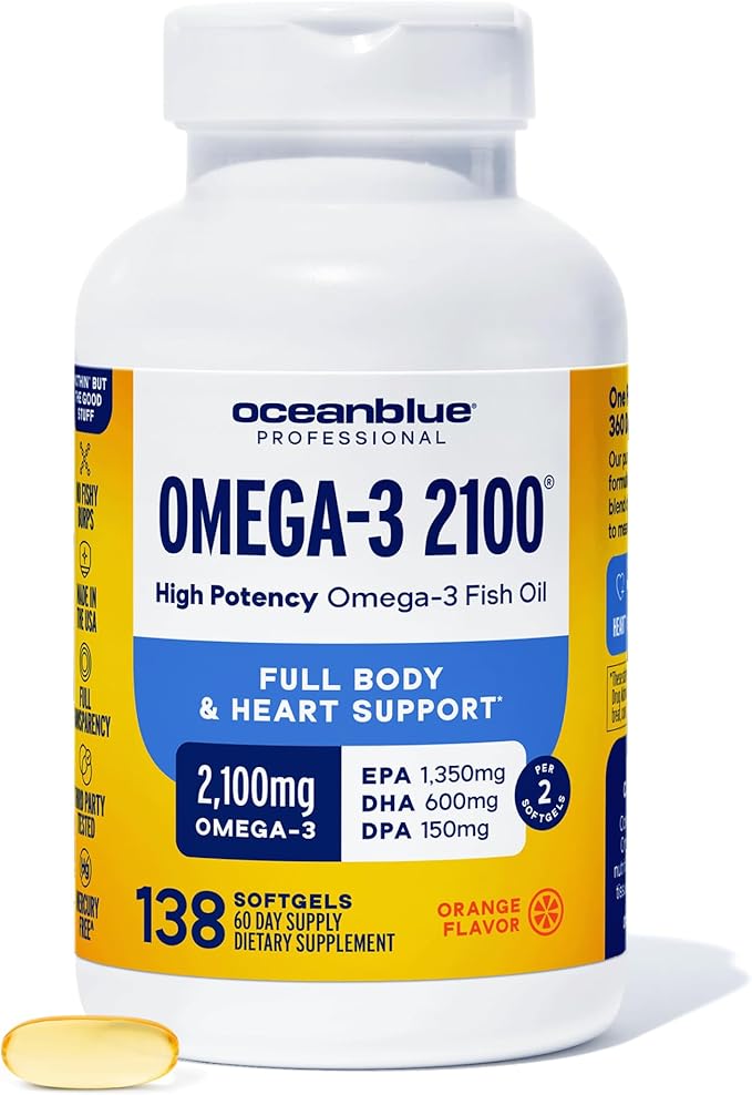 Oceanblue Professional Omega-3 2100mg Fish Oil Supplement - Triple Strength High Potency EPA DHA &amp DPA - Burpless Wild-Caught Natural Orange Flavor - 138 Softgels