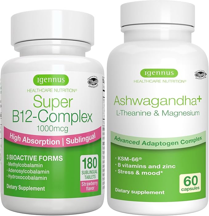 Super B12-Complex 1000mcg + Advanced Ashwagandha KSM-66 L-Theanine &amp Magnesium Bundle High Absorption Sublingual Vitamin B12 + Multi Action Adaptogen Complex by Igennus