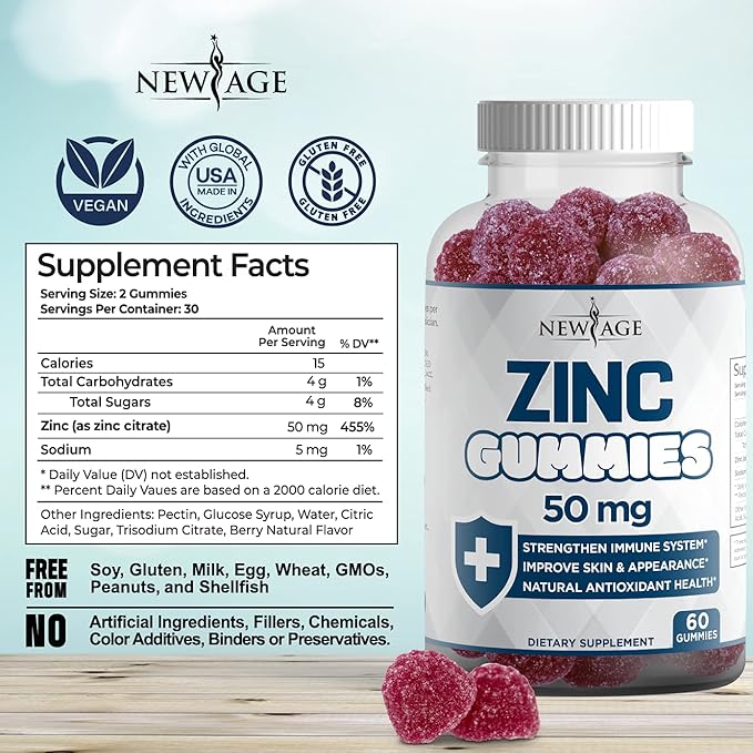 Zinc Gummies - 2 Pack - 50mg High Immune Booster Zinc Supplement Immune Defense Powerful Natural Antioxidant Non-GMO - by New Age (Zinc/Vitamin C)