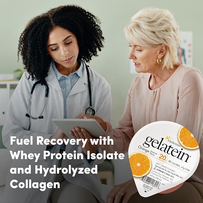 Gelatein Orange: 20 grams of protein. Sugar free. Ideal for clear liquid diets swallowing difficulties bariatric dialysis and oncology. Great pre or post-workout snack. (12 pack)