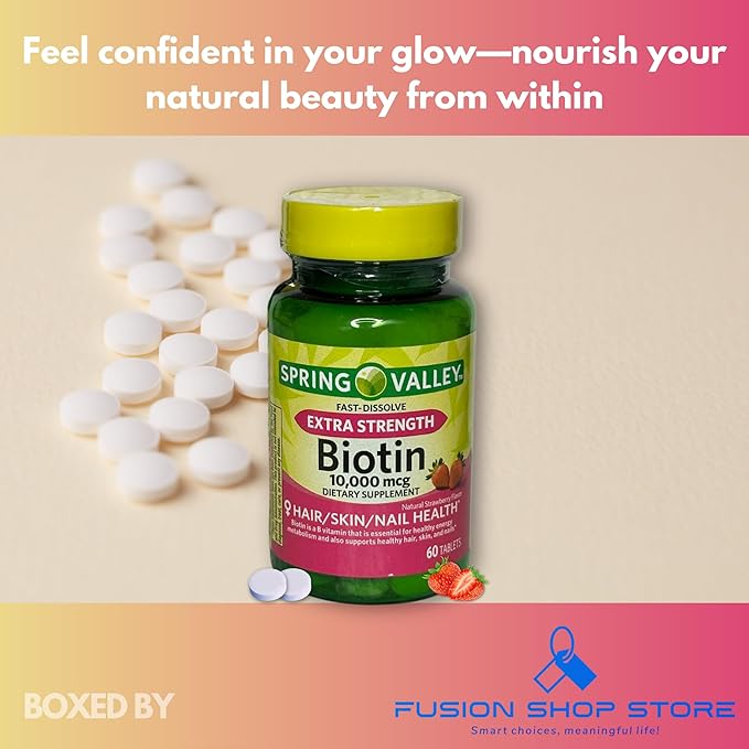 Biotin 10000mcg Fast Dissolve- Natural Strawberry Flavor Hair Skin and Nails 60 Tablets (Pack of 2) Boxed By Fusion Shop Store