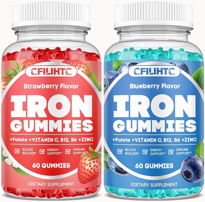2 Pack Iron Gummies for Adults &amp Kids Iron Supplement Strawberry Blueberry Flavor