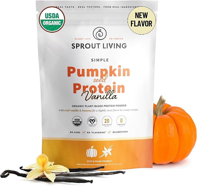 Sprout Living Organic Pumpkin Seed Protein Powder Vanilla Flavor 20 Grams of Plant Based Organic Protein Powder Without Sweeteners Non-GMO Dairy Free Vegan Gluten Free (1 Pound 13 Servings)