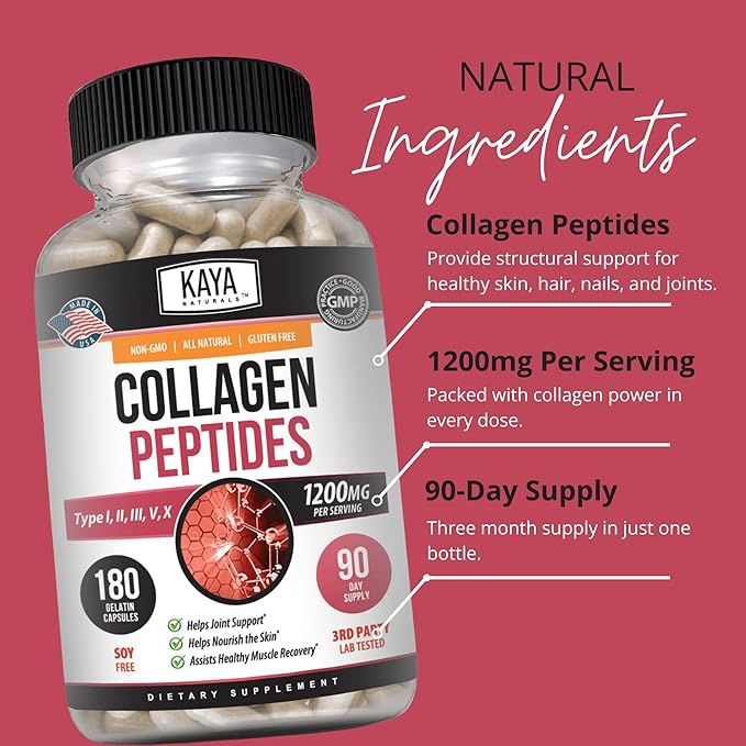 Kaya Naturals Multi Collagen Peptides Complex Powder for Women and Men Types I II III V &amp X | 180 Count Capsules