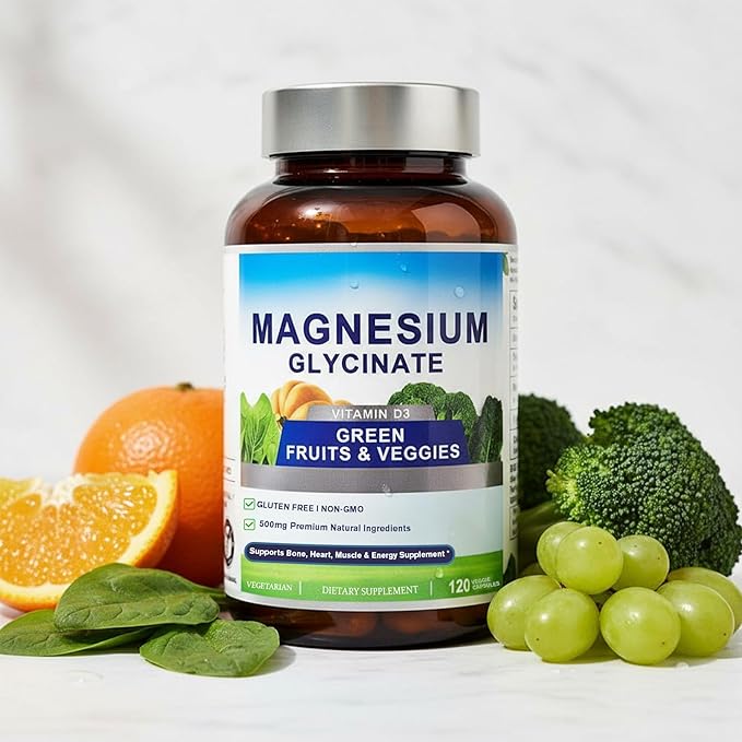 Magnesium Glycinate 500mg with Vitamin D3 – High Absorption Magnesium Supplement with Veggies Design – Supports Bone &amp Muscle Function and Energy – Non-GMO Gluten-Free – 120 Veg Capsules