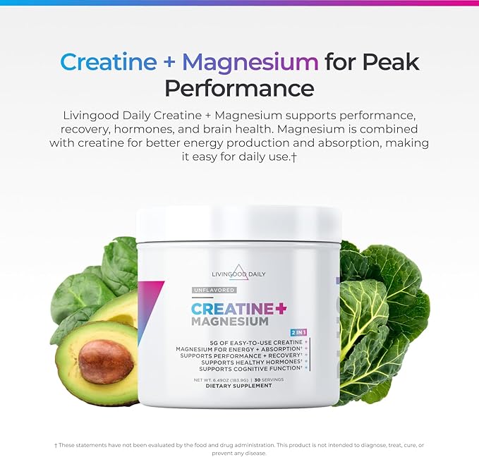 Livingood Daily Creatine + Magnesium Powder Unflavored | 5g Micronized Creatine Monohydrate with Magnesium for Energy Muscle Recovery &amp Performance | 30 Servings