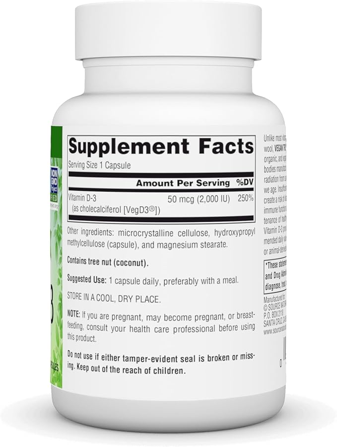 Source Naturals Vegan True Non-GMO Vitamin D-3 Dietary Supplement for Immune and Bone Health* 2000 IU - 90 Capsules