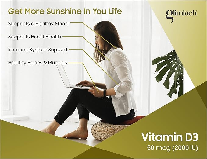 GLIMLACH Vitamin D3 50mcg (2000 IU) Vitamin D Immune Support &amp Promotes Calcium (Pack of 5 50 Tablet Each Jar)