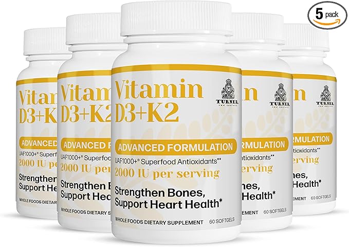 TURNER Vitamin D3 and K2 Caps High Potency D3 2000IU and K2 (MK7) 80mcg Unique VIT D3 from 100% New Zealand Sheep's Wool Lanolin. 300 Softgels 5 Month Supply