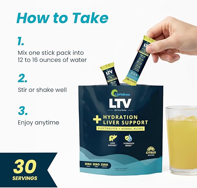 UpWellness LTV Liver Hydration Packets - Electrolytes Powder Packets for Instant Hydration and Liver Support - Physician-Formulated - Zero Added Sugar - 30 Packets - Delicious Citrus Flavor