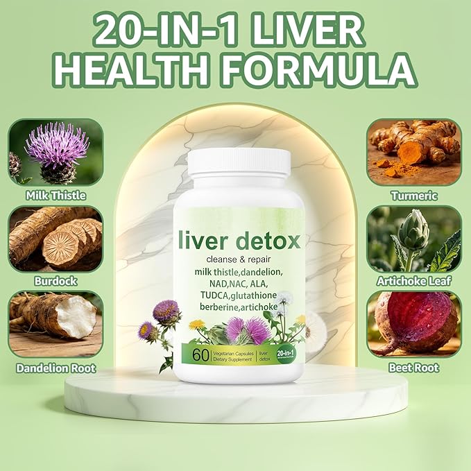 Liver Detox Capsules - 20-in-1 Herbal Formula with Milk Thistle Dandelion Turmeric &amp Artichoke Leaf for Liver Support and Digestive Balance - Non-GMO Gluten-Free (60 Count)