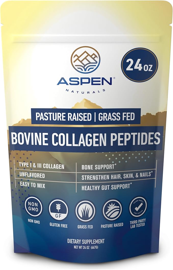 Bovine Collagen Peptides Powder 24oz (1.5 lbs) - Unflavored Hydrolyzed Type I &amp III Protein | Grass Fed Pasture Raised | Hair Skin Nails &amp Gut | Easy to Mix | Paleo Friendly Non-GMO Glute