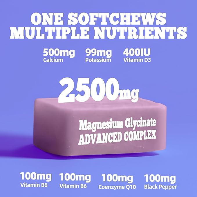 Magnesium Glycinate Soft Chews Blueberry Flavor.Chewable Sugar Free Potassium Magnesium Chews with Magnesium Glycinate Vitamin D B6 and CoQ10 for Calm Support &amp Sleep for Adults 60 Days Suppl