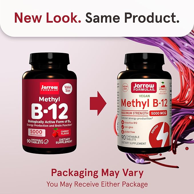 Jarrow Formulas Vitamin B12 5000 mcg - Maximum Strength for Cellular Energy and Brain Health 90 Cherry Chewable Tablets B12 Vitamins 5000 mcg