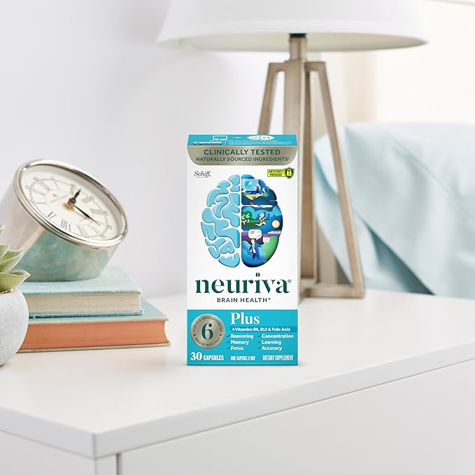 NEURIVA Plus Brain Supplement for Memory and Focus Clinically Tested Nootropics for Concentration for Mental Clarity Cognitive Enhancement Vitamins B6 B12 Phosphatidylserine 30 Capsules