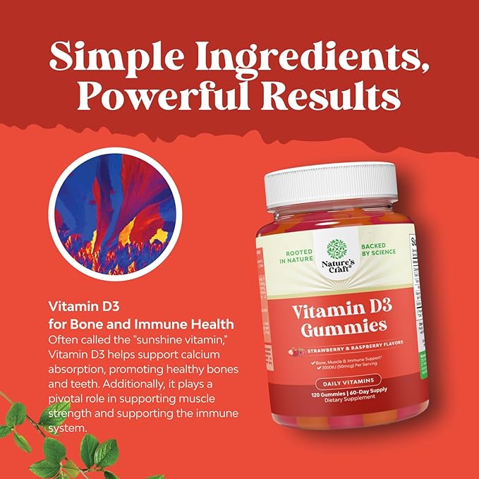 Natures Craft Vitamin D Gummies for Adults - Daily Immune Support Gummies with Vegan Vitamin D3 2000IU - D3 for Adults Wellness Non GMO Gluten Free - 120 Count (Pack of 1)