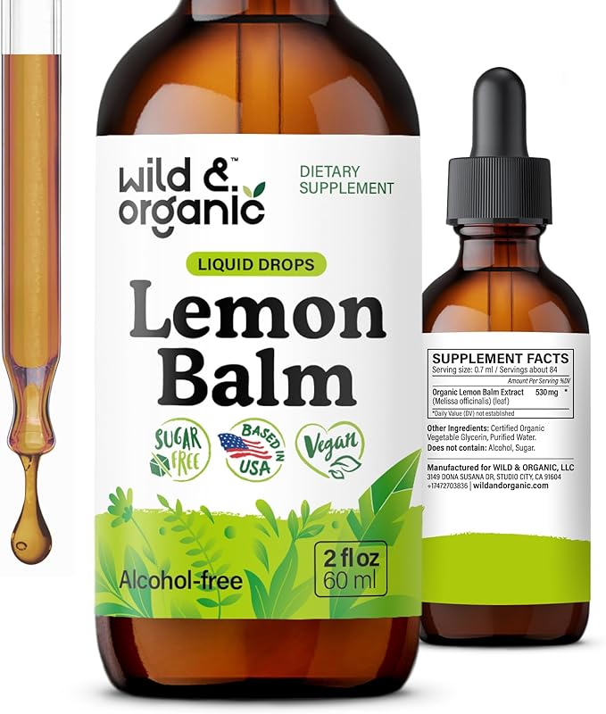 Wild &amp Organic Lemon Balm Drops - Relaxation Support - Lemon Balm Extract Supplement - Melissa Officinalis Herb Tincture - Add to Tea for Calmness Support - Vegan Sugar &amp Alcohol-Free - 2 fl