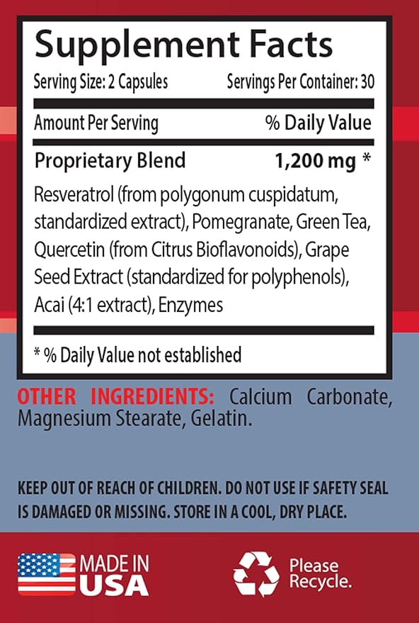 antioxidant Vitamins for Men - Wine Extract ANTIOXIDANT Complex 1200MG Resveratrol Pomegranate Acai Grape Seed - Immunity Booster for Women 2 Bottles (120 Capsules)
