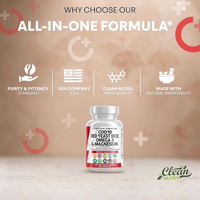 Clean Nutraceuticals COQ10 200mg Red Yeast Rice Omega 3 Magnesium Complex 500mg Niacin Zinc Vitamin K2 D3 - Heart Support Vitamins for Women &amp Men w/Vitamin B3 Coenzyme Q10-60 Ct