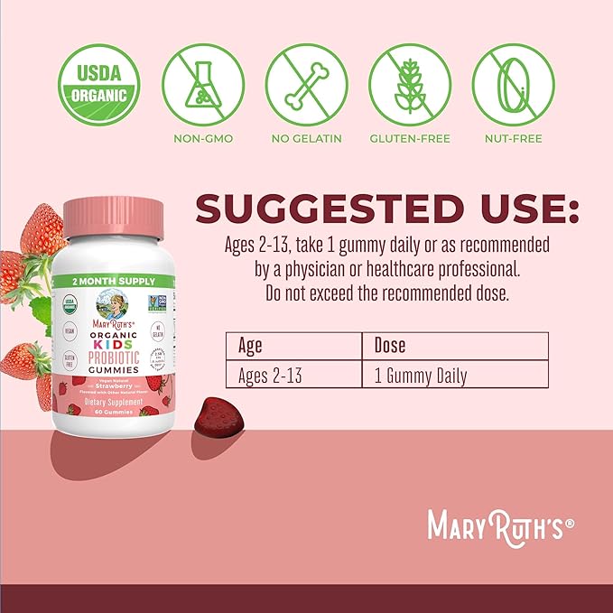 MaryRuth Organics Multivitamin and Probiotic Gummies (Strawberry) for Kids | Clean Label Project Verified® | Vitamins for Gut Health Immunity &amp Overall Wellness | Vegan Non-GMO Gluten Free