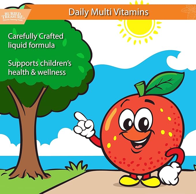 Buried Treasure Children’s Daily Liquid Multivitamin – 27 Vitamins &amp Minerals with SuperFood Blend – Sugar Free Vegan Orange Mango Flavor 16 fl oz