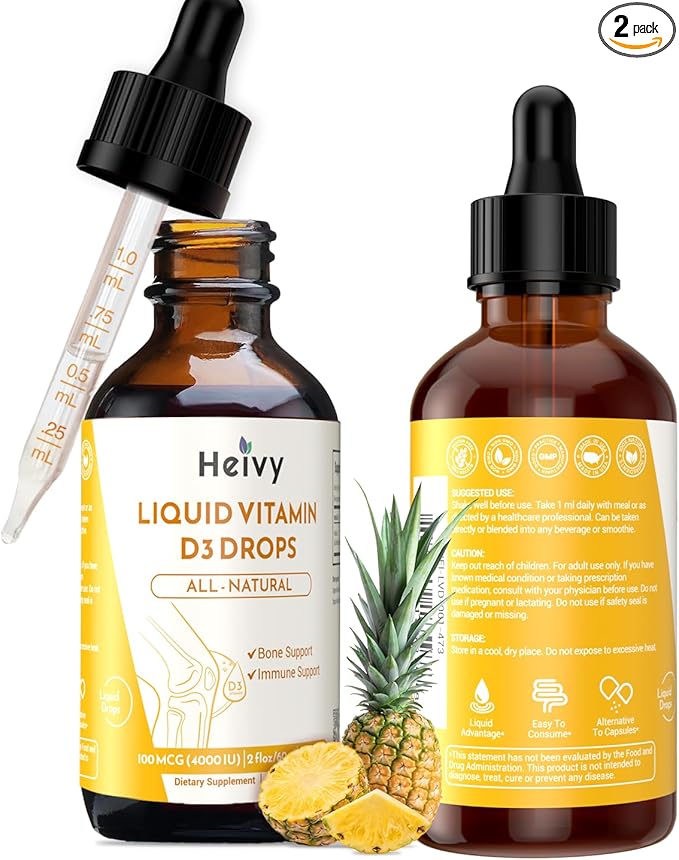 Heivy Liquid Vitamin D Drops Pineapple Flavour Vitamin D3 100 mcg (4000 IU) Per Serving Bone &amp Immune Support Vegan Gluten-Free Non-GMO 2 Fl Oz/60ml (Pack of 2)