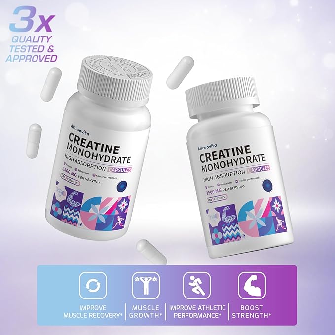 Creatine Monohydrate Capsules -3 Creatine Capsules per Serving 2500mg Gluten Free 180 Capsules