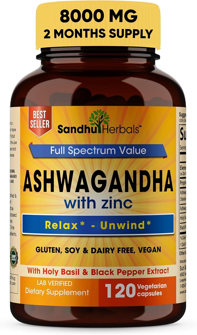 Sandhu Herbals Zinc 30mg Supplement and Organic 4 in 1 Ashwagandha Capsules with Zinc| Supports Healthy Skin Immune System| Non-GMO