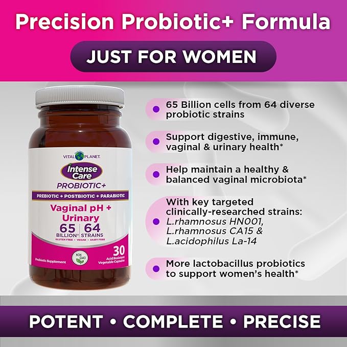 Vital Planet - Intense Care Vaginal pH &amp Urinary Probiotics Prebiotics Postbiotics Parabiotics 4-in-1 Refrigerated Supplement for Adults 65 Billion CFU 64 Strains Digestive and Immune 30 c