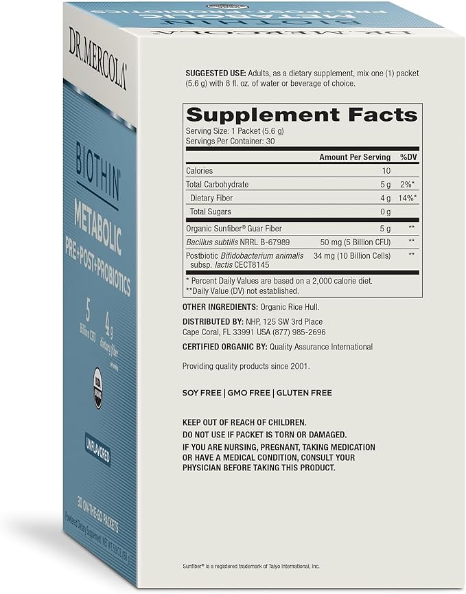 Dr. Mercola Biothin Metabolic Pre + Post + Probiotics Unflavored 30 Servings (30 Packets) Dietary Supplement 5 Billion CFU 4 g Dietary Fiber Certified USDA Organic Non-GMO