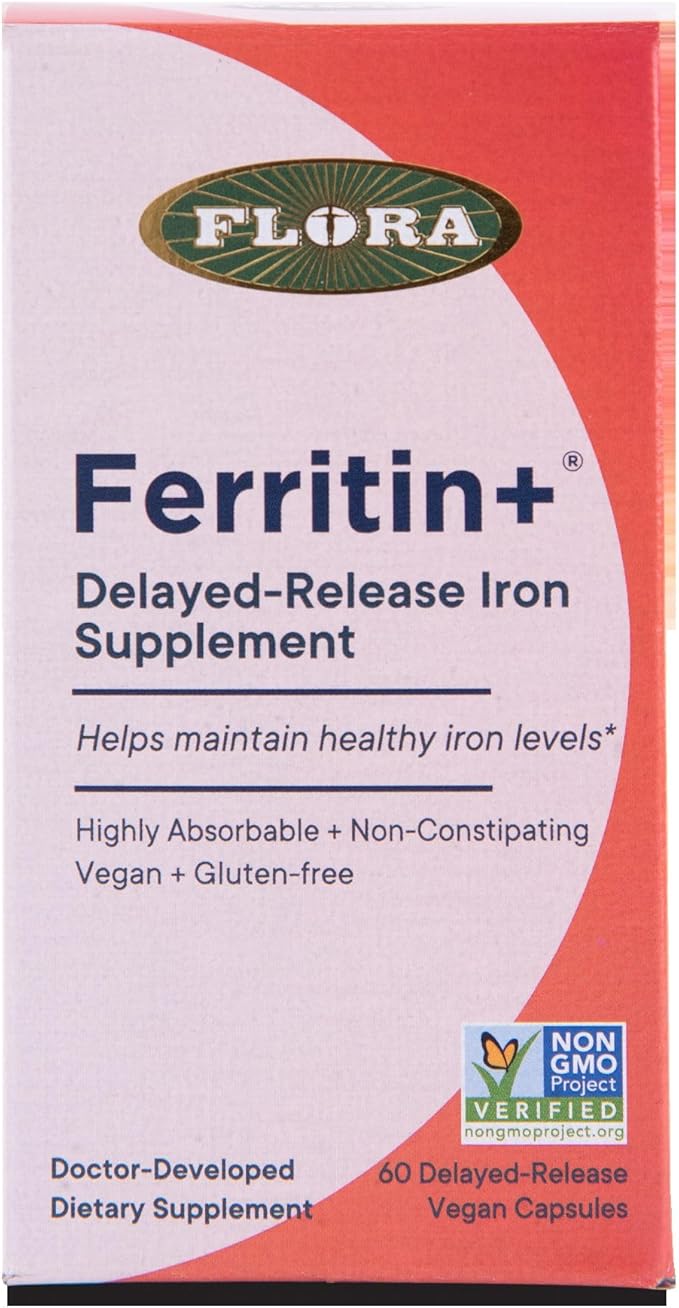 Flora Ferritin+ Delayed-Release Iron Supplement - Plant-Based Iron Supplement - Blood Cell &amp Energy Support - Vegan &amp Gluten-Free - Amber Glass Bottle - 60 Vegan Capsules