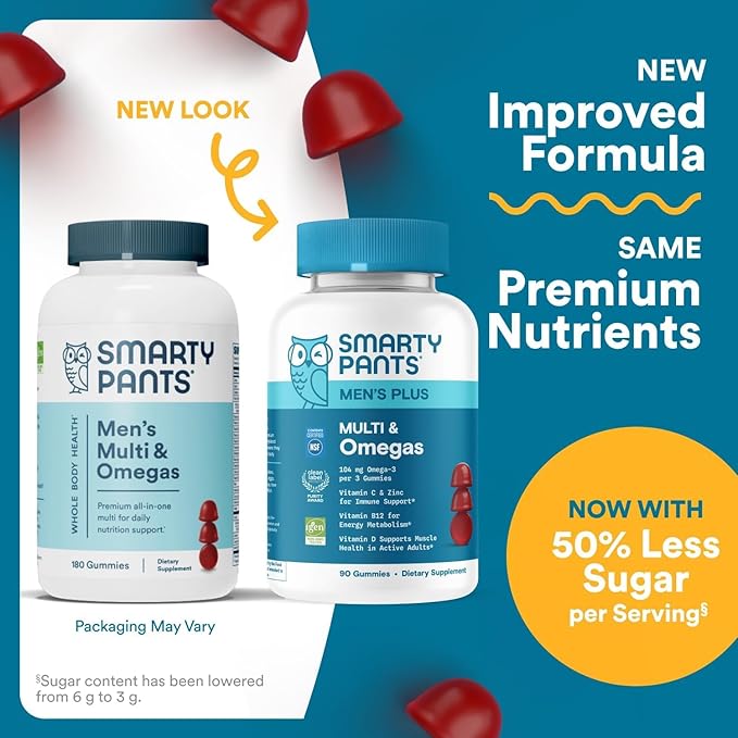 SmartyPants Men's Multivitamin Gummies Omega 3 (DHA/EPA) Methylfolate Vitamin D3 C Vitamin B12 B6 Vitamin A K Zinc &amp Selenium Gluten Free 90 Count (30 Day Supply)