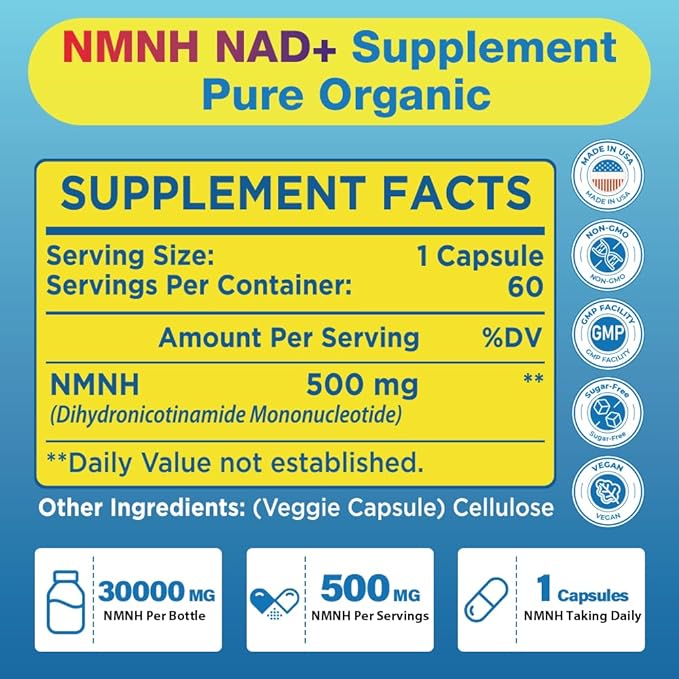 NMNH Supplement (Dihydronicotinamide Mononucleotide)500mg Per Serving NMNH NAD Supplements for Women &amp Men NMNH to Boost NAD+ Levels As We Age for Anti Aging Cell Health* Brain*  Energy-180 C