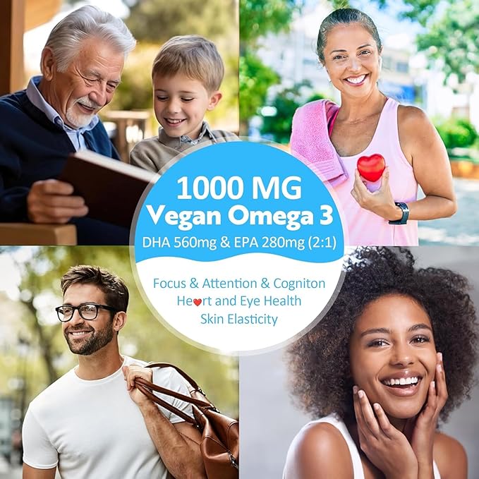 Vegan Omega 3 Gummies + Phospholipids Astaxanthin Vitamin D3 DHA 560mg &amp EPA 280mg Fish-Free Algae Omega 3 Supplement for Adults &amp Kids for Brain Eye Skin and Overall Health Sugar Free