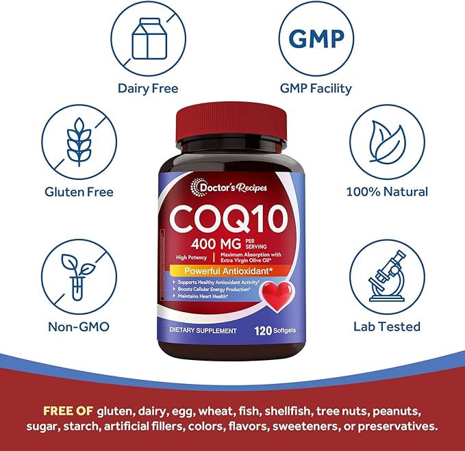 Doctor's Recipes CoQ10 400 mg High Potency Stable Form Ubiquinone Superior Absorption with Extra Virgin Olive Oil Antioxidant for Heart &amp Energy Naturally Fermented Gluten-Free 120 Softgels