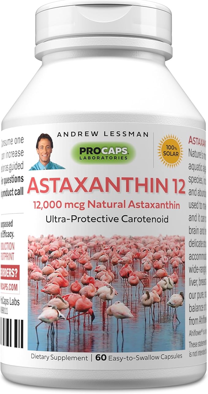 ANDREW LESSMAN Astaxanthin 12mg - 60 Softgels - 12000 mcg Natural Astaxanthin Powerful Anti-Oxidant Carotenoid. Protection for Eyes Heart Skin and More. No Additives. Easy to Swallow Softgels
